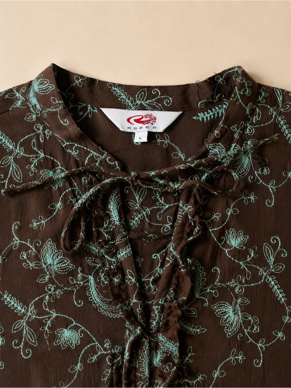 ROPER Embroidered Western Ruffle Blouse/Brown Turquoise Cowgirl Boho - Picture 5 of 6